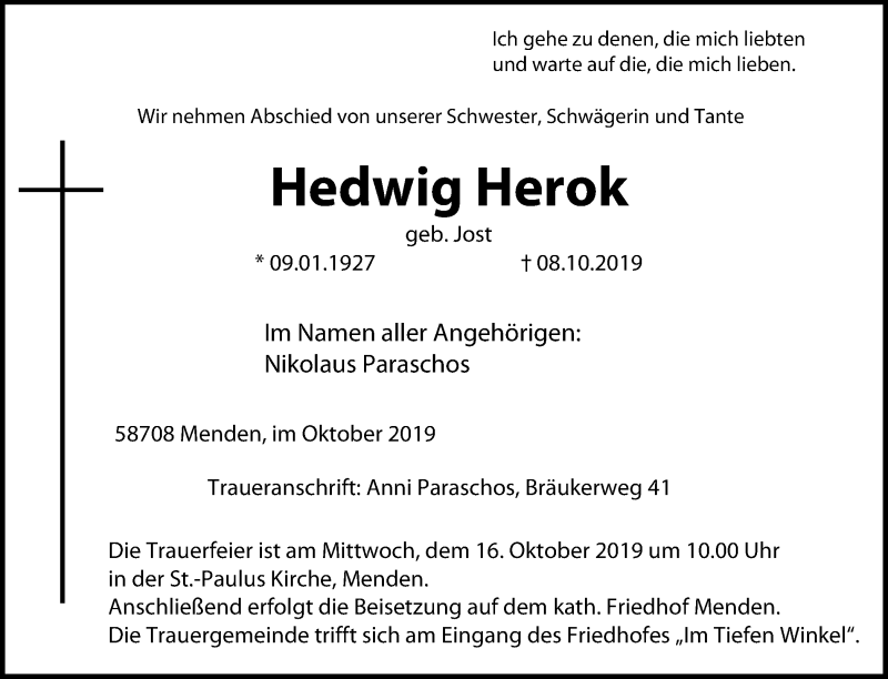  Traueranzeige für Hedwig Herok vom 12.10.2019 aus Stadtspiegel Menden + Froendenberg
