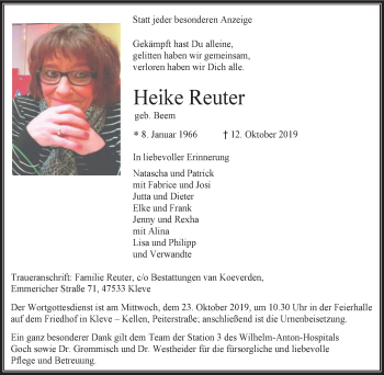 Traueranzeige von Heike Reuter von Klever Wochenblatt