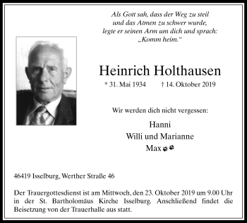Traueranzeige von Heinrich Holthausen von Stadtanzeiger Emmerich/Rees/Isselburg