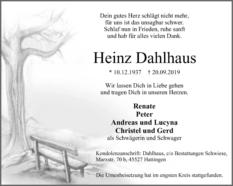  Traueranzeige für Heinz Dahlhaus vom 12.10.2019 aus Stadtspiegel Hattingen/Niedersprockhövel