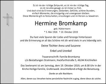 Traueranzeige von Hermine Bromkamp von Stadtspiegel Bottrop