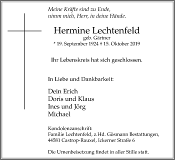 Traueranzeige von Hermine Lechtenfeld von Stadtanz.Castrop-Rauxel
