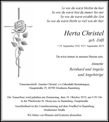 Traueranzeige von Herta Christel von Wochen-Anzeiger Langenfeld/Monheim/Hilden