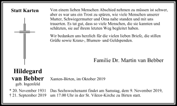 Traueranzeige von Hildegard van Bebber von Der Weseler + Der Xantener