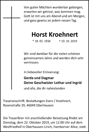 Traueranzeige von Horst Kroehnert von Wochen-Anzeiger Oberhausen