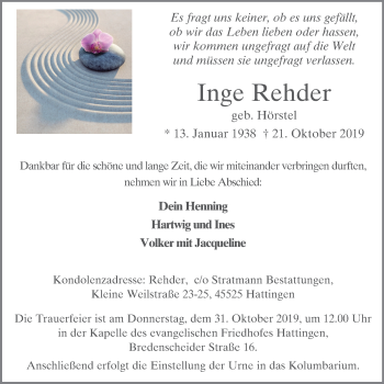 Traueranzeige von Inge Rehder von Stadtspiegel Hattingen/Niedersprockhövel