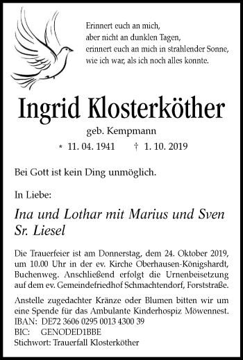 Traueranzeige von Ingrid Klosterköther von Wochen-Anzeiger Oberhausen