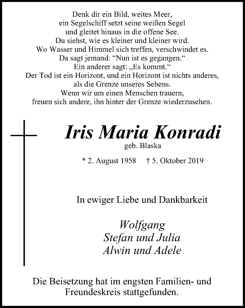  Traueranzeige für Iris Maria Konradi vom 19.10.2019 aus Wochen-Anzeiger Oberhausen