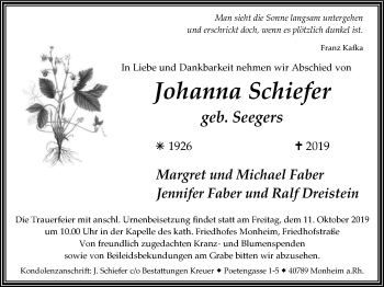 Traueranzeige von Johanna Schiefer von Wochen-Anzeiger Langenfeld/Monheim/Hilden