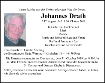 Traueranzeige von Johannes Drath von Stadtanzeiger Emmerich/Rees/Isselburg