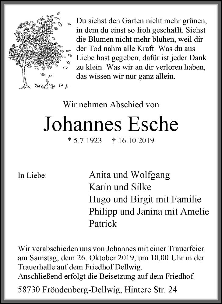  Traueranzeige für Johannes Esche vom 23.10.2019 aus Stadtspiegel Menden + Froendenberg