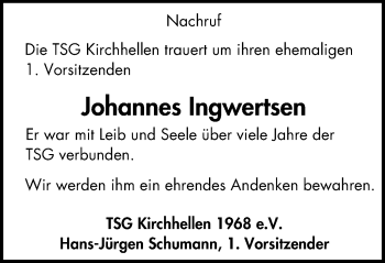 Traueranzeige von Johannes Ingwertsen von Stadtspiegel Bottrop