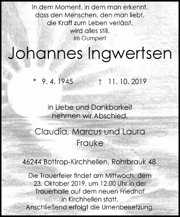 Traueranzeige von Johannes Ingwertsen von Stadtspiegel Bottrop