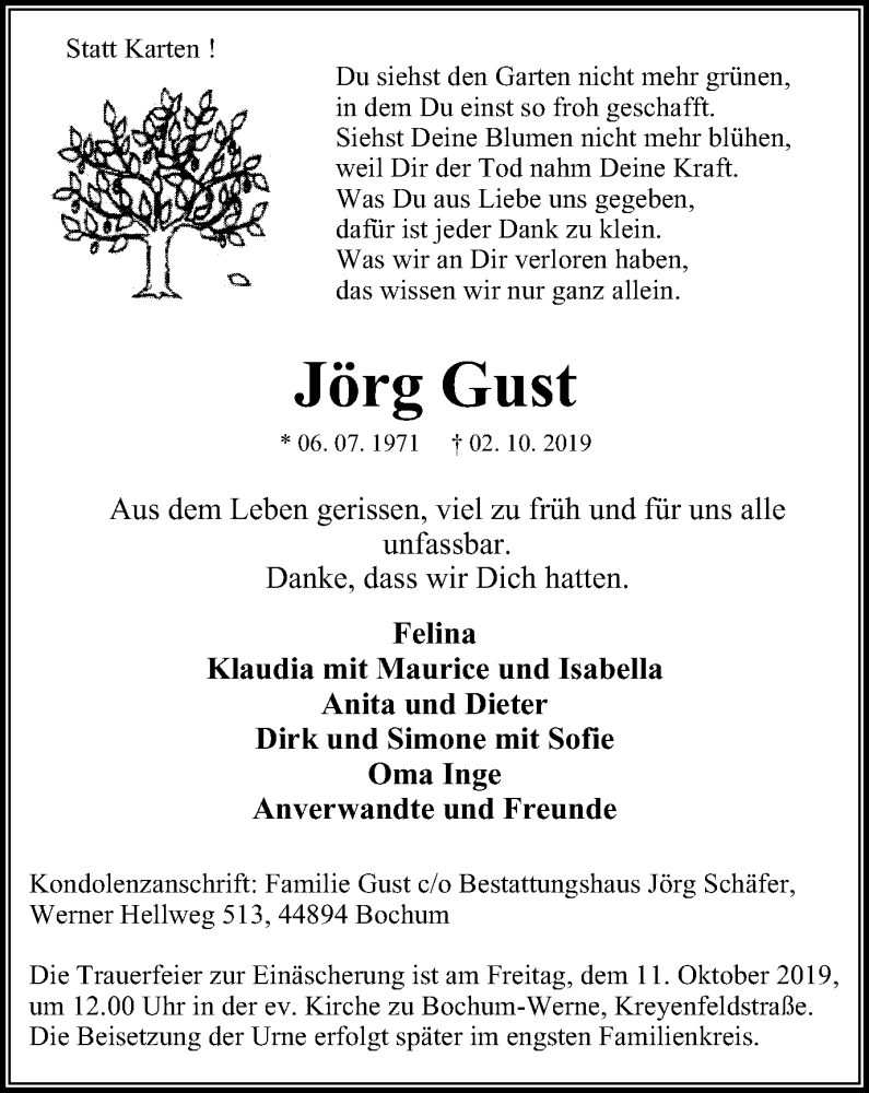  Traueranzeige für Jörg Gust vom 09.10.2019 aus Witten aktuell