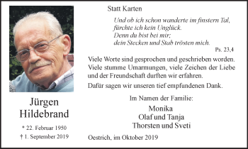 Traueranzeige von Jürgen Hildebrand von Stadtspiegel Iserlohn + Hemer