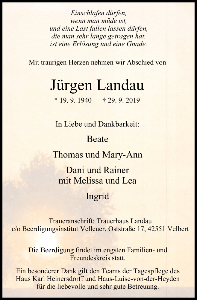  Traueranzeige für Jürgen Landau vom 12.10.2019 aus Stadtanzeiger Velbert + Heiligenhaus
