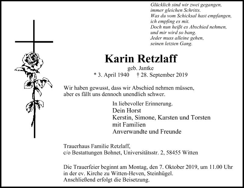  Traueranzeige für Karin Retzlaff vom 05.10.2019 aus Witten aktuell