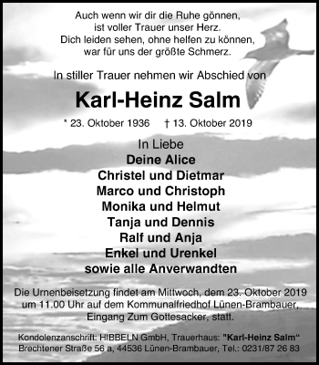 Traueranzeige von Karl-Heinz Salm von Lüner Anzeiger
