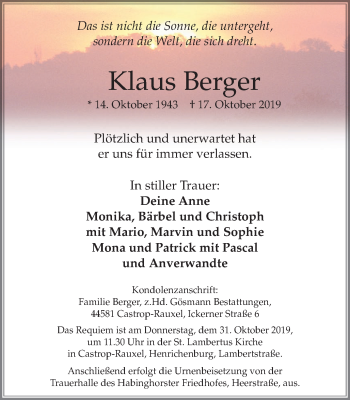 Traueranzeige von Klaus Berger von Stadtanz.Castrop-Rauxel