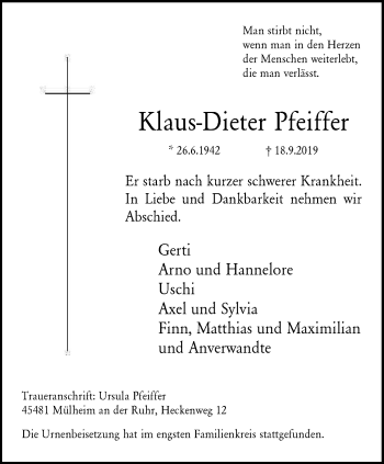 Traueranzeige von Klaus-Dieter Pfeiffer von Mülheimer Woche