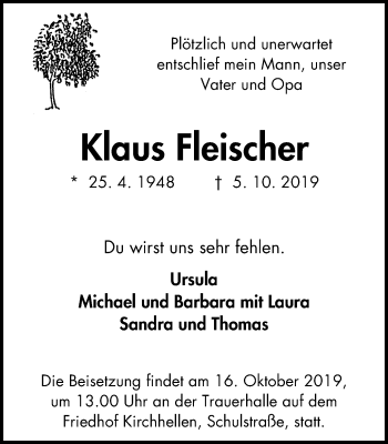 Traueranzeige von Klaus Fleischer von Stadtspiegel Bottrop