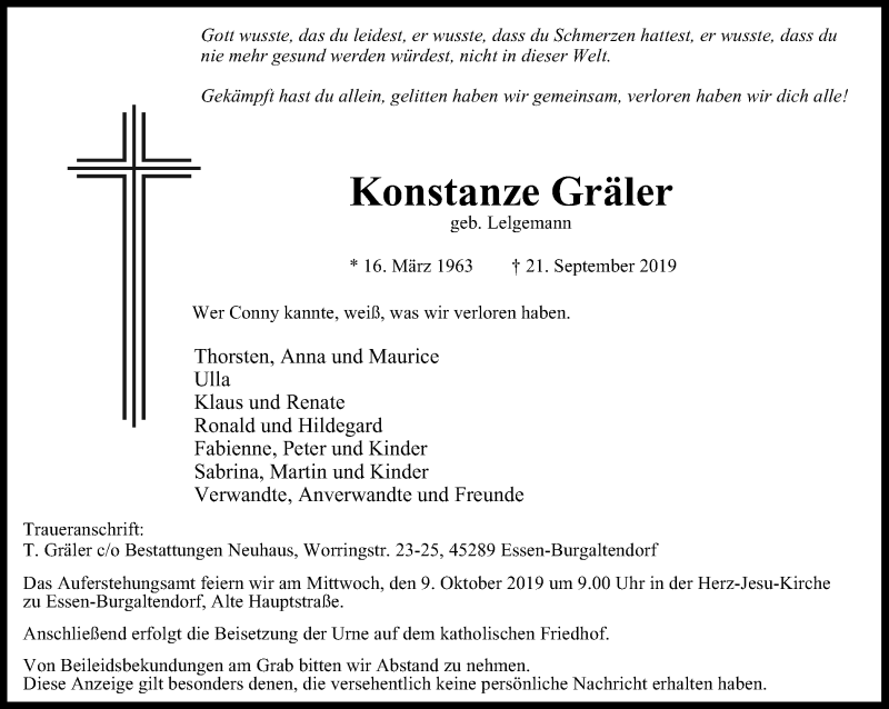  Traueranzeige für Konstanze Gräler vom 05.10.2019 aus Ruhr Kurier