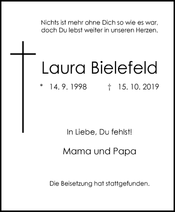 Traueranzeige von Laura Bielefeld von Stadtspiegel Bottrop