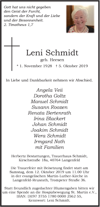 Traueranzeige von Leni Schmidt von Wochen-Anzeiger Langenfeld/Monheim/Hilden