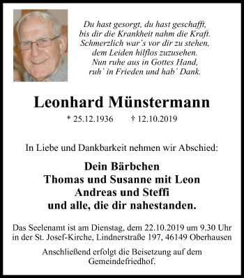 Traueranzeige von Leonhard Münstermann von Wochen-Anzeiger Oberhausen