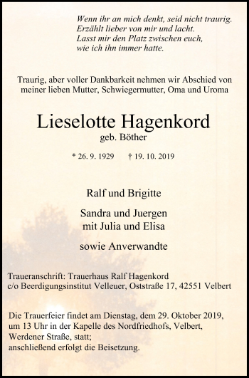 Traueranzeige von Lieselotte Hagenkord von Stadtanzeiger Velbert + Heiligenhaus