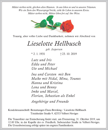 Traueranzeige von Lieselotte Hellbusch von Stadtanzeiger Velbert + Heiligenhaus