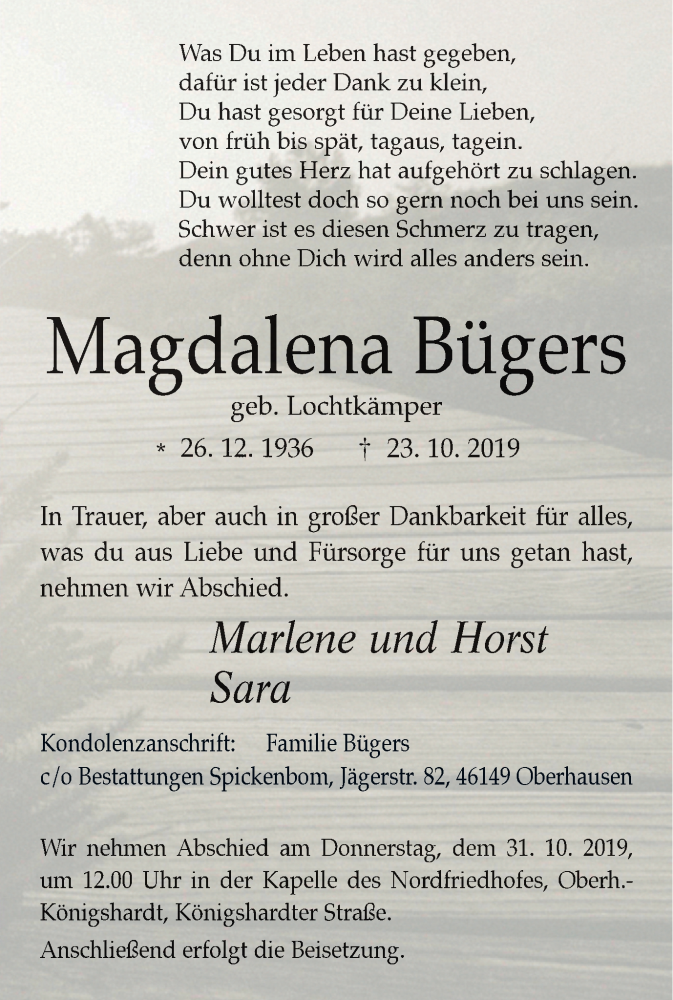  Traueranzeige für Magdalena Bügers vom 26.10.2019 aus Wochen-Anzeiger Oberhausen