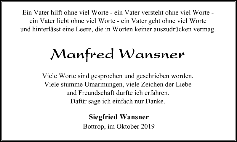  Traueranzeige für Manfred Wansner vom 26.10.2019 aus Stadtspiegel Bottrop