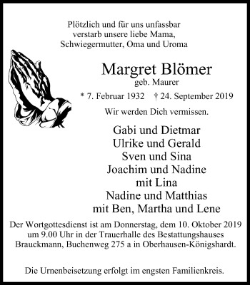 Traueranzeige von Margret Blömer von Wochen-Anzeiger Oberhausen