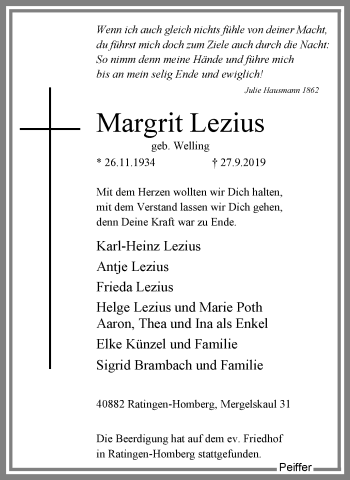 Traueranzeige von Margrit Lezius von WVW Anzeigenblätter