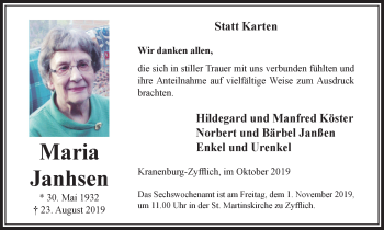 Traueranzeige von Maria Janhsen von Klever Wochenblatt
