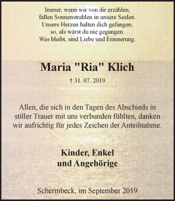 Traueranzeige von Maria Klich von Stadtspiegel Gelsenkirchen