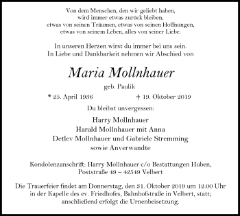 Traueranzeige von Maria Mollnhauer von Stadtanzeiger Velbert + Heiligenhaus