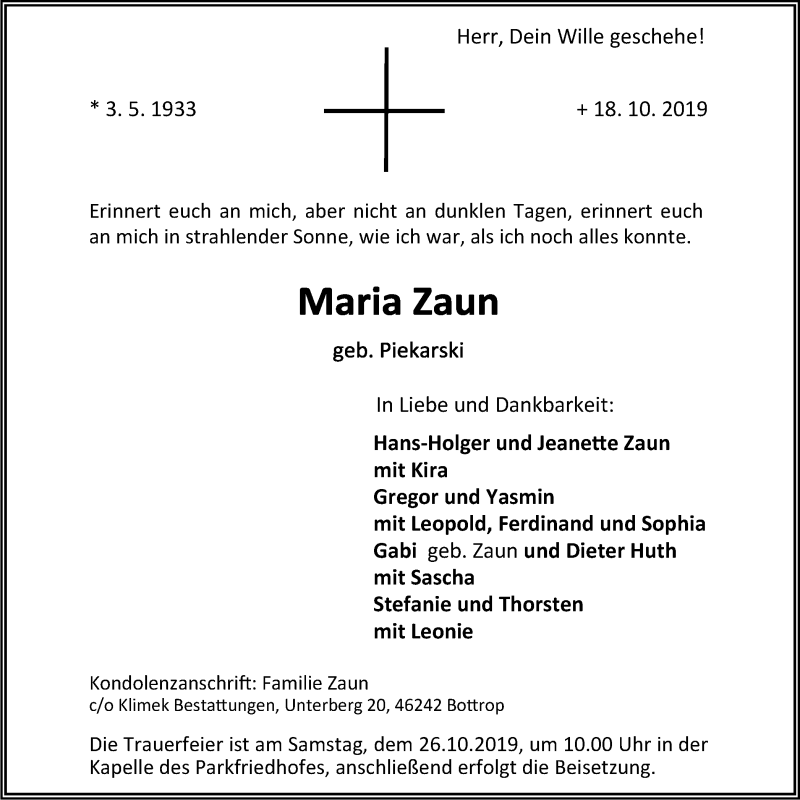  Traueranzeige für Maria Zaun vom 23.10.2019 aus Stadtspiegel Bottrop