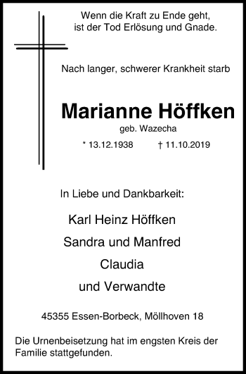 Traueranzeige von Marianne Höffken von Borbeck Kurier