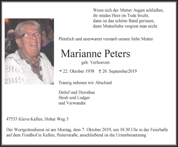 Traueranzeige von Marianne Peters von WVW Anzeigenblätter