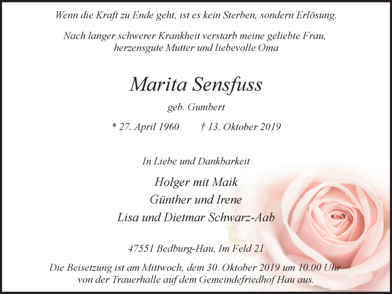  Traueranzeige für Marita Sensfuss vom 26.10.2019 aus Klever Wochenblatt
