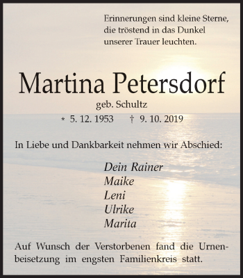 Traueranzeige von Martina Petersdorf von Wochen-Anzeiger Oberhausen
