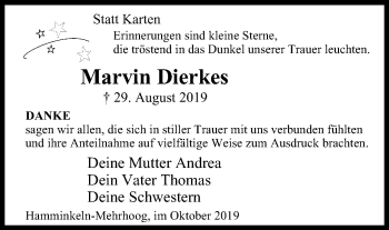 Traueranzeige von Marvin Dierkes von Der Weseler + Der Xantener