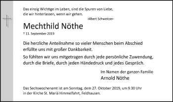 Traueranzeige von Mechthild Nöthe von Stadtspiegel Bottrop