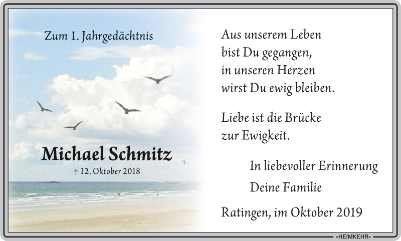 Traueranzeige für Michael Schmitz vom 10.10.2019 aus WVW Anzeigenblätter