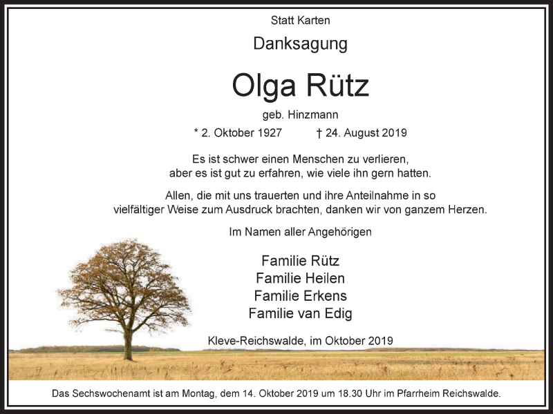  Traueranzeige für Olga Rütz vom 09.10.2019 aus Klever Wochenblatt