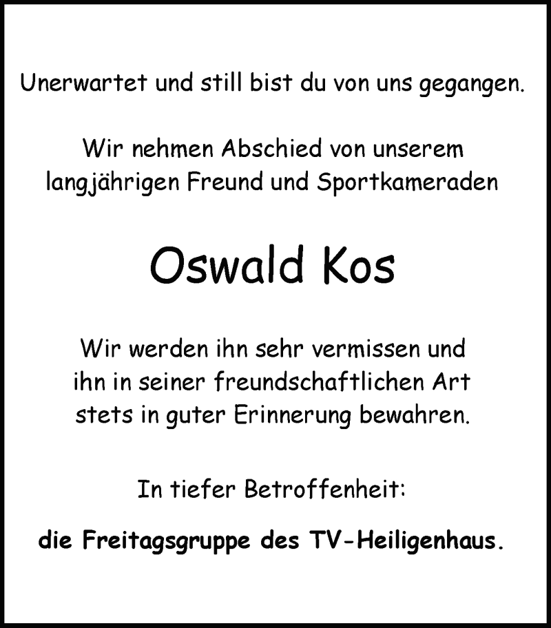  Traueranzeige für Oswald Kos vom 12.10.2019 aus Stadtanzeiger Velbert + Heiligenhaus