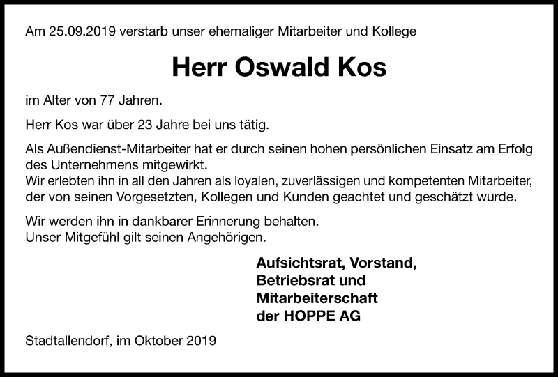  Traueranzeige für Oswald Kos vom 09.10.2019 aus Stadtanzeiger Velbert + Heiligenhaus