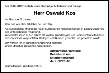 Traueranzeige von Oswald Kos von Stadtanzeiger Velbert + Heiligenhaus